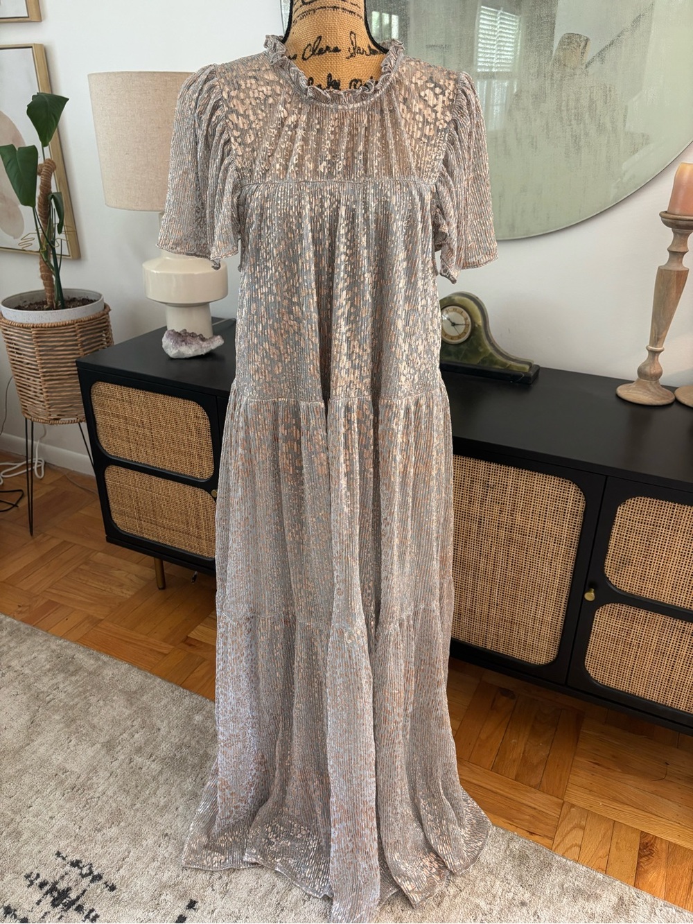 Anthropologie Silver & Rosegold Leopard Print Maxi Dress